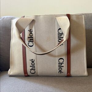 Chloé Beige Canvas Tote with Brown Leather Trim